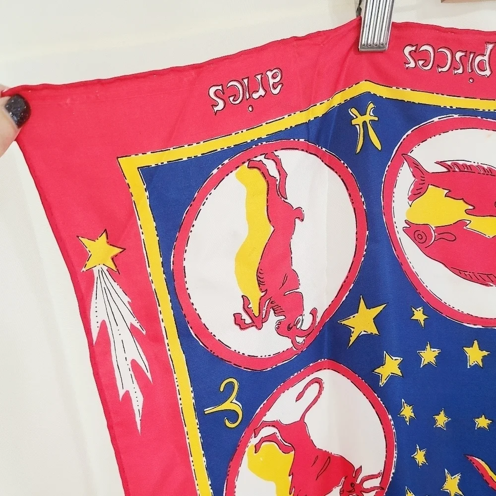 Vintage 1960s Zodiac Astrology Burmel Scarf red blue Gold Silk